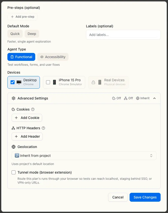 Tunnel mode toggle on the test plan editor